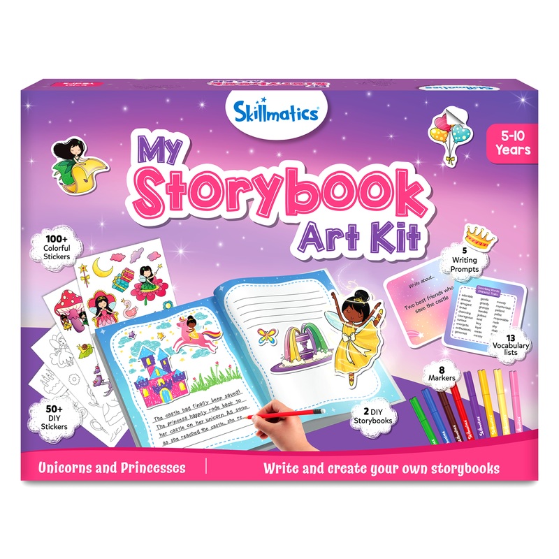 Skillmatics Storybook Art Kit – Unicorn & Princesses Art Kit for Kids, Write & Create Fairytale Storybooks, Creative Activity for Girls, DIY Kit, 150+ Stickers, Gifts for Ages 5, 6, 7, 8, 9, 10