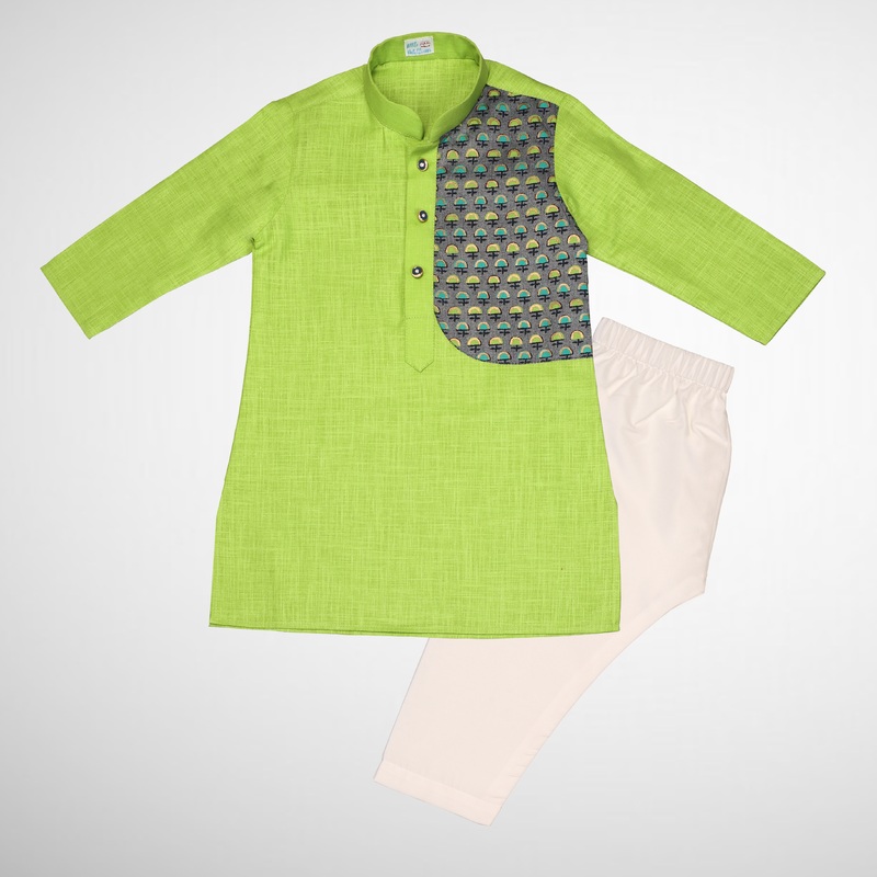 Green Denim Patch Boys Kurta Festive Set