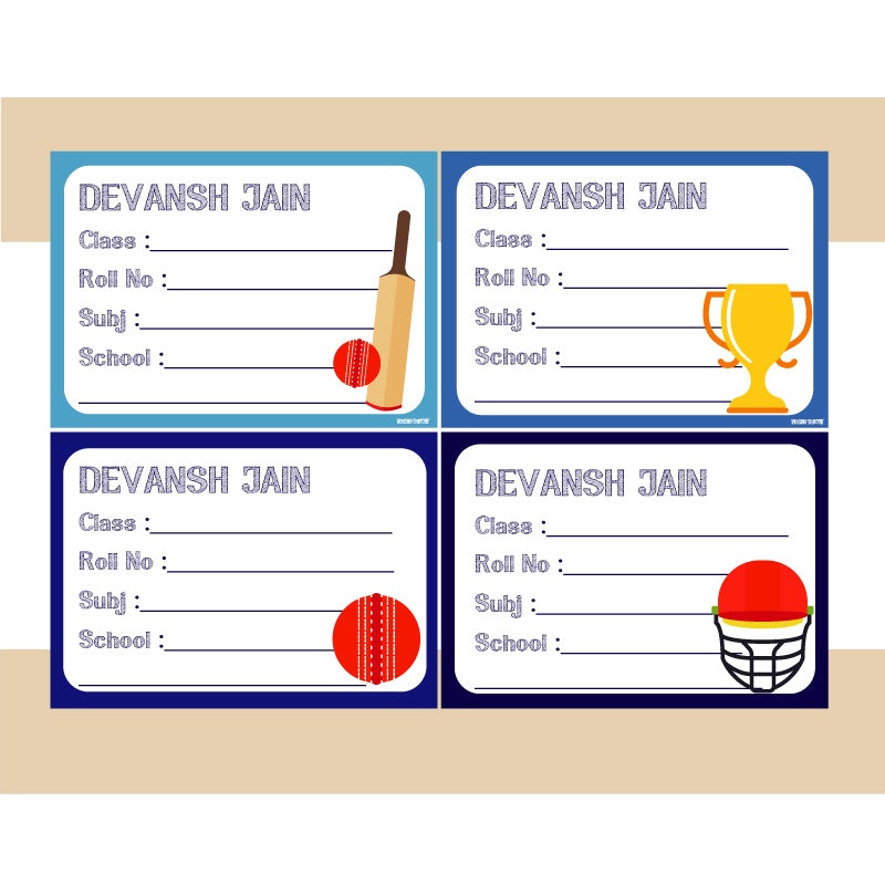 Personalised School Book Labels – Cricket, Pack of 36