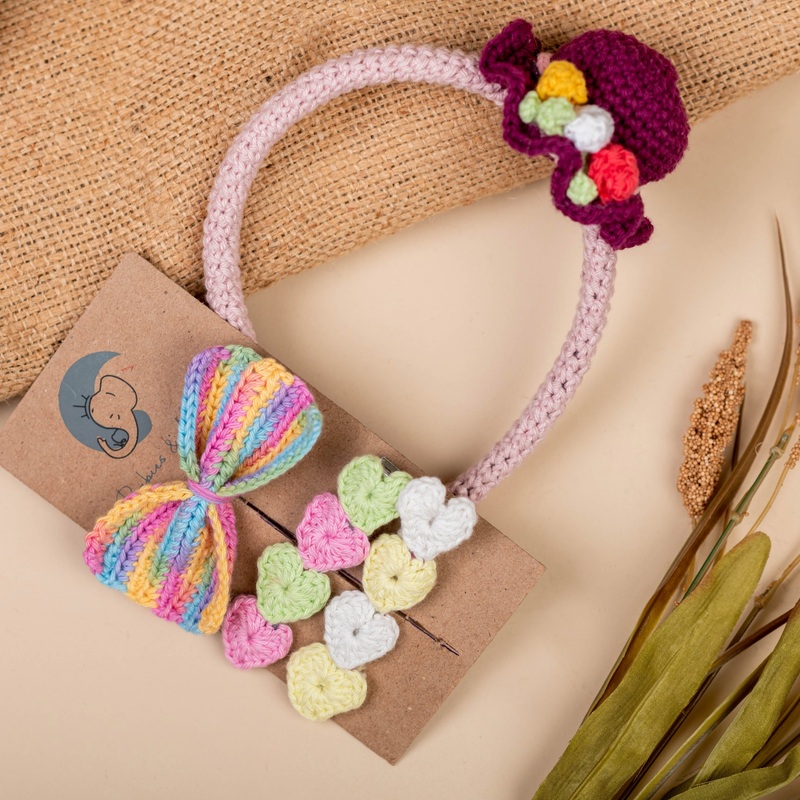 All I Have Ever Wanted – Crochet Hat  Hairband/ Multicolor Bow/ Heart  Alligator Clip – Gift Set