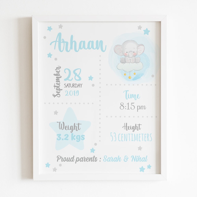 Birth Statistics Frame – Elephant Theme – Blue