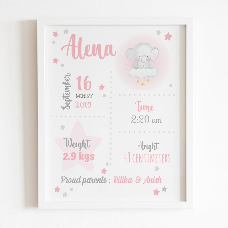 Birth Statistics Frame – Elephant Theme – Pink