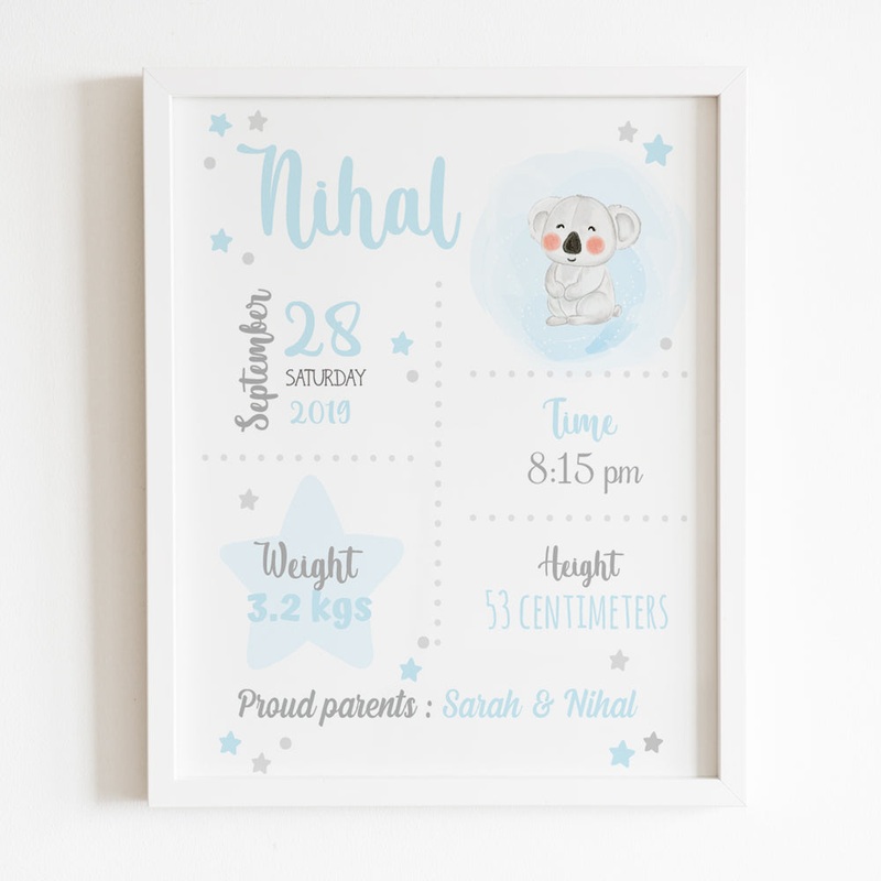 Birth Statistics Frame – Koala Theme – Blue