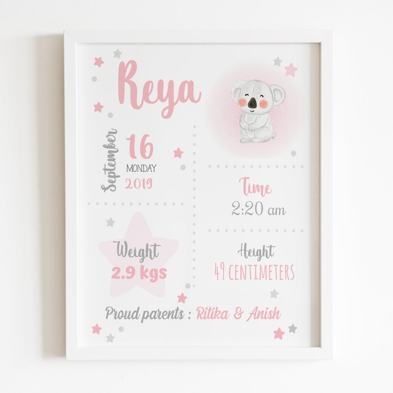 Birth Statistics Frame – Koala Theme – Pink