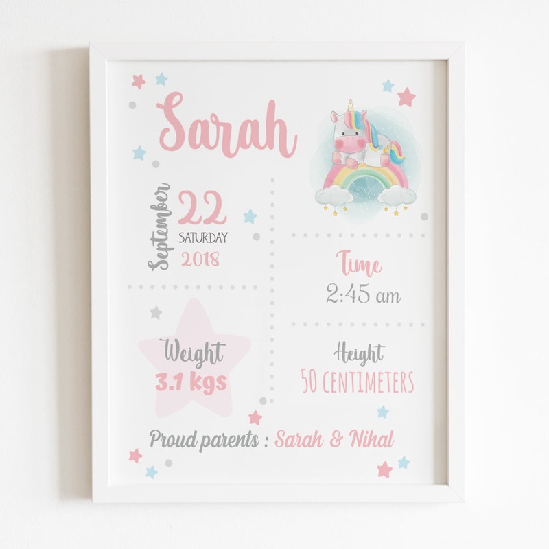 Birth Statistics Frame – Unicorn Theme