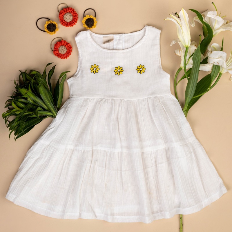 Organic Cotton Muslin Flower Dress &  Sunflower Rubberbands Set- Gift Set
