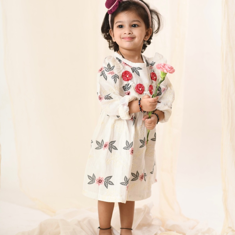 Organic  Cotton Muslin White Floral Dress