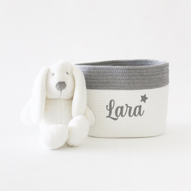 Personalized Storage Basket – Cursive – Grey – Small, Medium