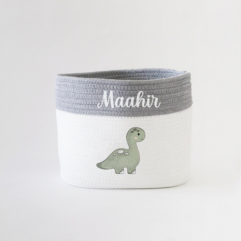 Personalized Storage Basket – Dino Theme – Grey- Small, Medium