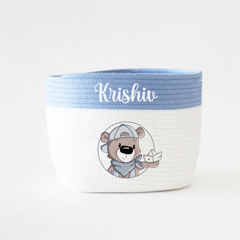Personalized Storage Basket – Teddy Theme – Blue- Small, Medium