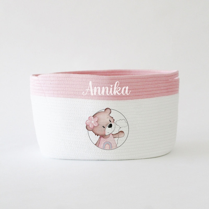 Personalized Storage Basket – Teddy Theme – Pink  Small, Medium