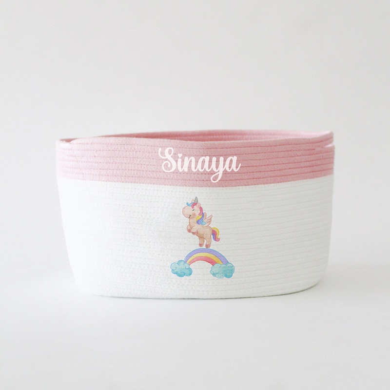 Personalized Storage Basket –  Unicorn – Theme – Pink Small, Medium