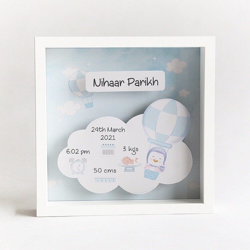 Shadow Box Birth Statistics Frame – Hot Air Balloon Blue/ Pink