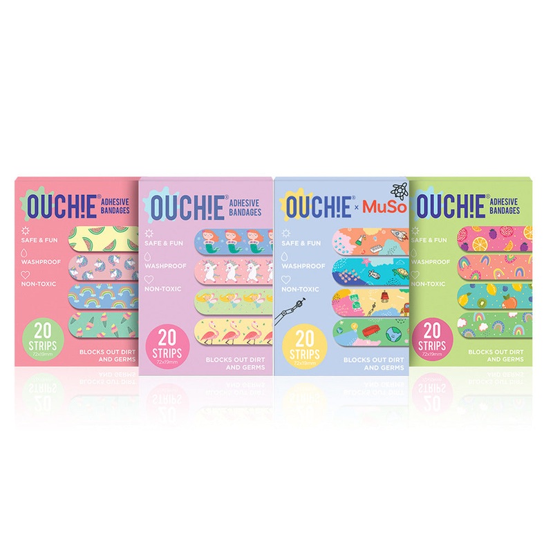 Ouchie Non-Toxic Printed Bandages Jumbo Pack (80 Pack) – Pink Blink, Fantasy Creature,’Ouchie x MuSo’ & Tropical Burst