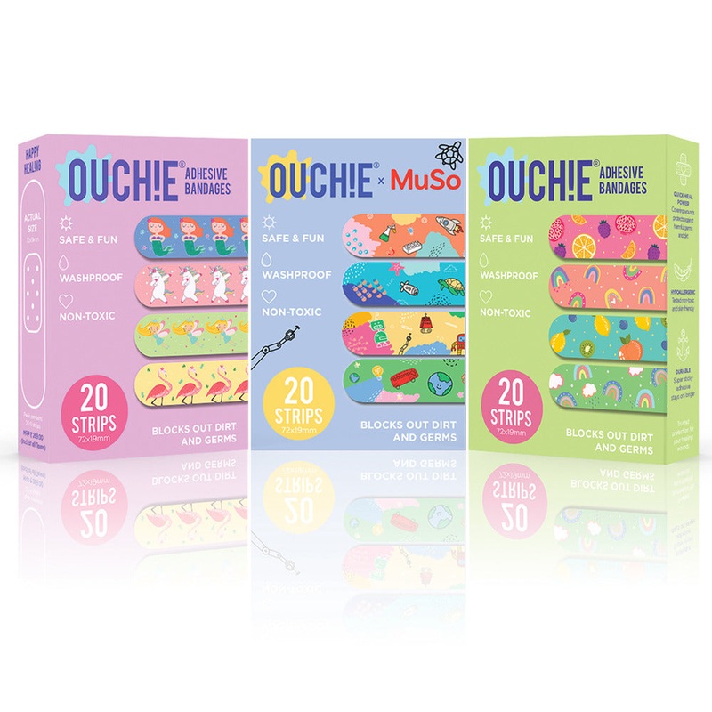 Ouchie Non-Toxic Printed Bandages Triple Combo (60 Pack) – Fantasy Creatures, ‘Ouchie x MuSo’ & Tropical Burst