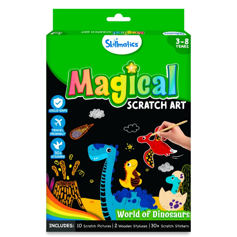 Skillmatics Magical Scratch Art Book for Kids – Dinosaurs, Craft Kits & Supplies, DIY Activity & Stickers, Gifts for Toddlers, Girls & Boys Ages 3, 4, 5, 6, 7, 8, Travel Toys