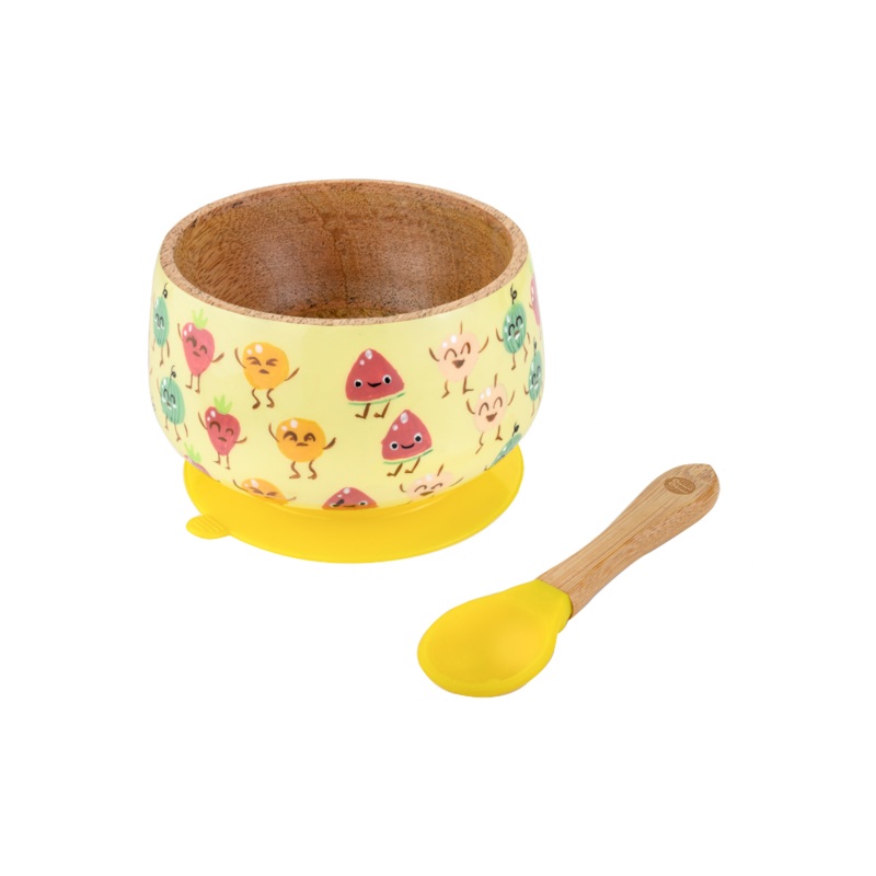 Truly Fruity Wooden Suction Bowl and Spoon Set – Yellow