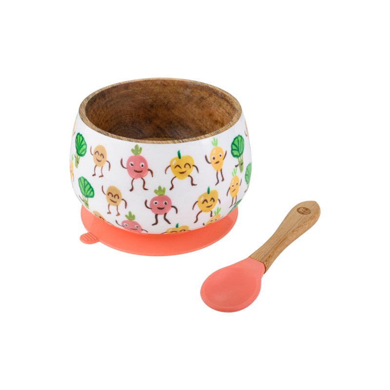 Veggie Delight Wooden Suction Bowl and Spoon Set – Orange