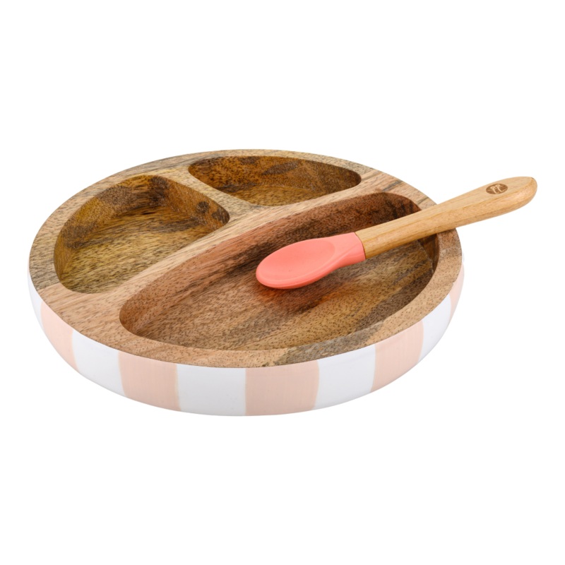 Wooden Round Plate with Silicone Suction and Spoon – Stripes