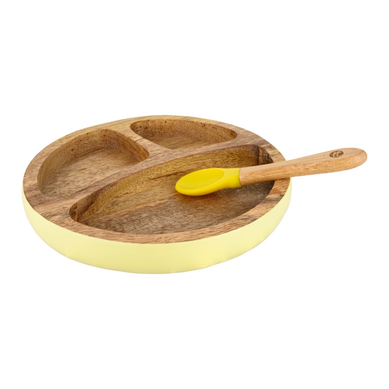 Wooden Round Plate with Silicone Suction and Spoon – Yellow