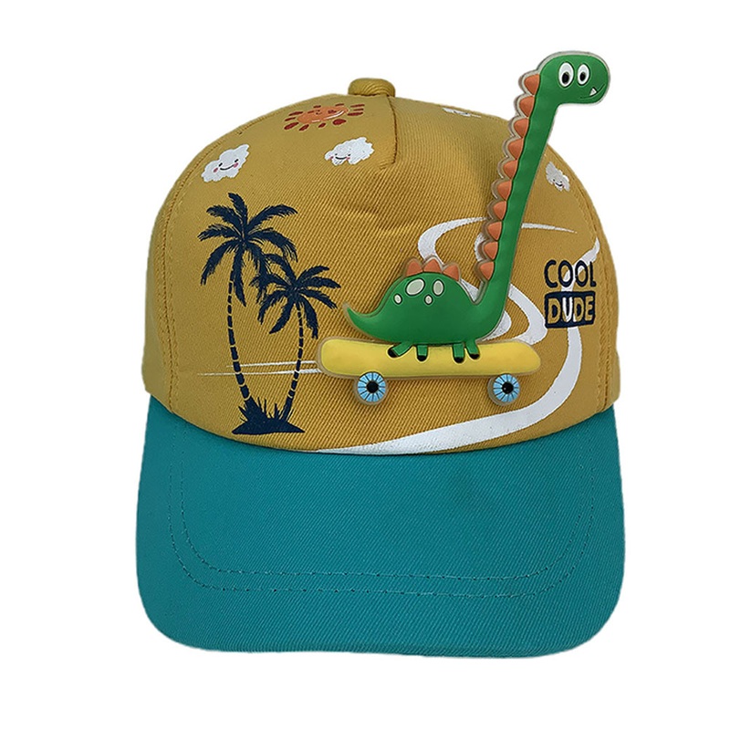 Little Surprise Box, Yellow & Teal 3d Dino on wheels Casual Cap for Kids