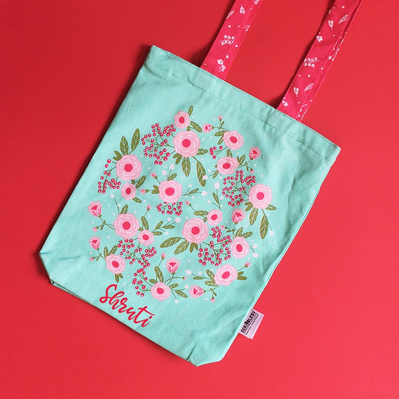 Canvas Tote Bag With Zippered Closure Reusable Shopping Multipurpose Bags With Front Back Illustrations –  Spring Flower – Green