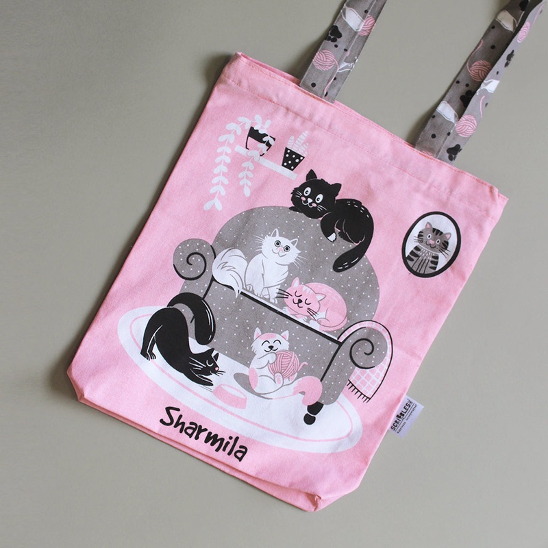 Cotton Canvas Tote Bag With Zippered Closure Reusable Shopping Multipurpose Bags With Front Back Illustrations – Cosy Cats