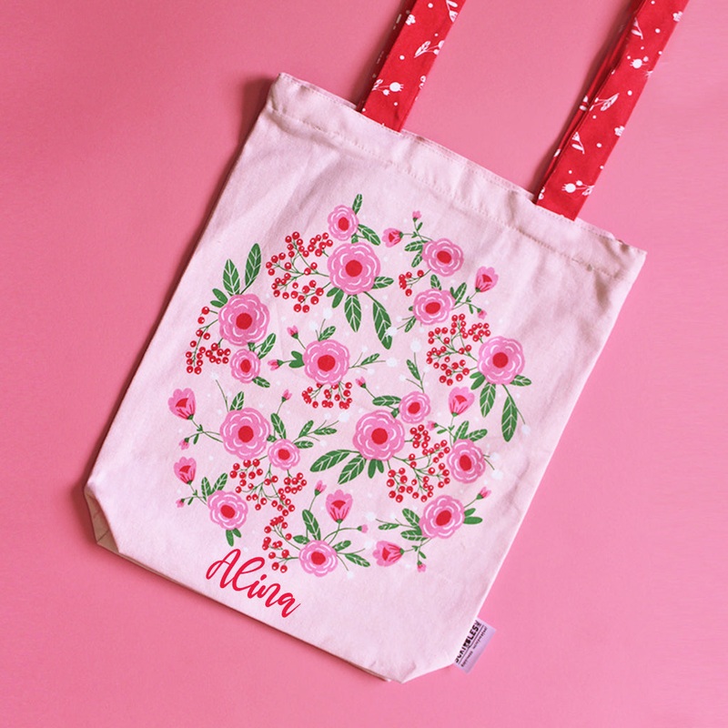 Cotton Canvas Tote Bag with Zippered Closure Reusable Shopping Multipurpose Bags With Front Back Illustrations – Spring Flower – Pink