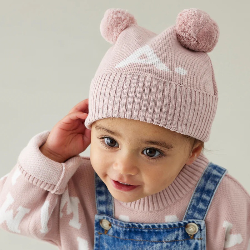 Double Pom Pom Beanie – Ballet; Letter: Ivory