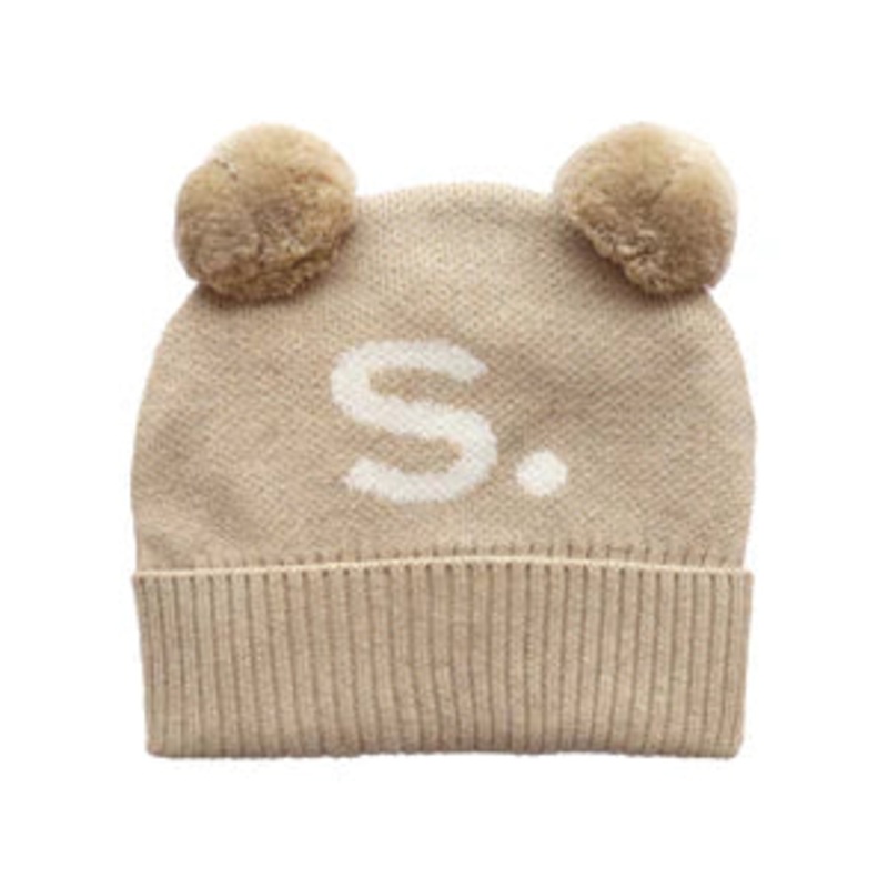 Double Pom Pom Beanie – Light Camel ; Letter: Ivory