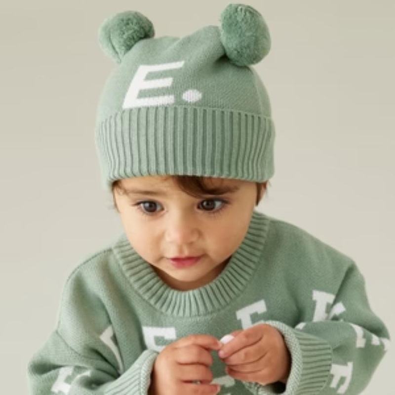 Double Pom Pom Beanie – Lily Pad; Letter: Ivory