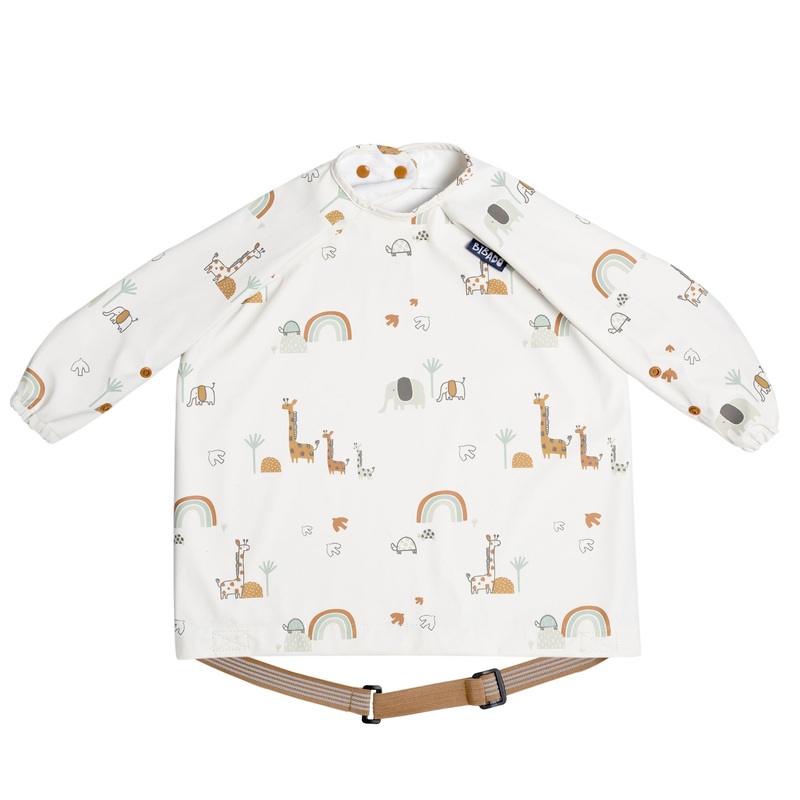 BiBaDo Stain & Water Proof Long Sleeve Coverall Shirt Weaning Bib Serengeti Spaghetti Print- White – For Infants