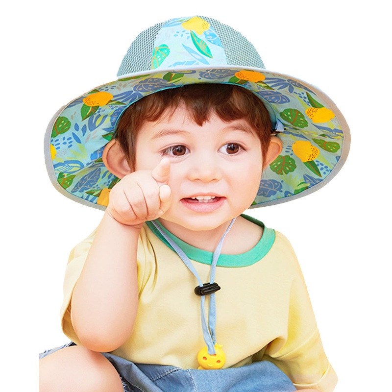 Little Surprise Box Light Blue Lemon print breathable Net wide brim Sun Hat for Kids& Toddlers with Adjustable Strap