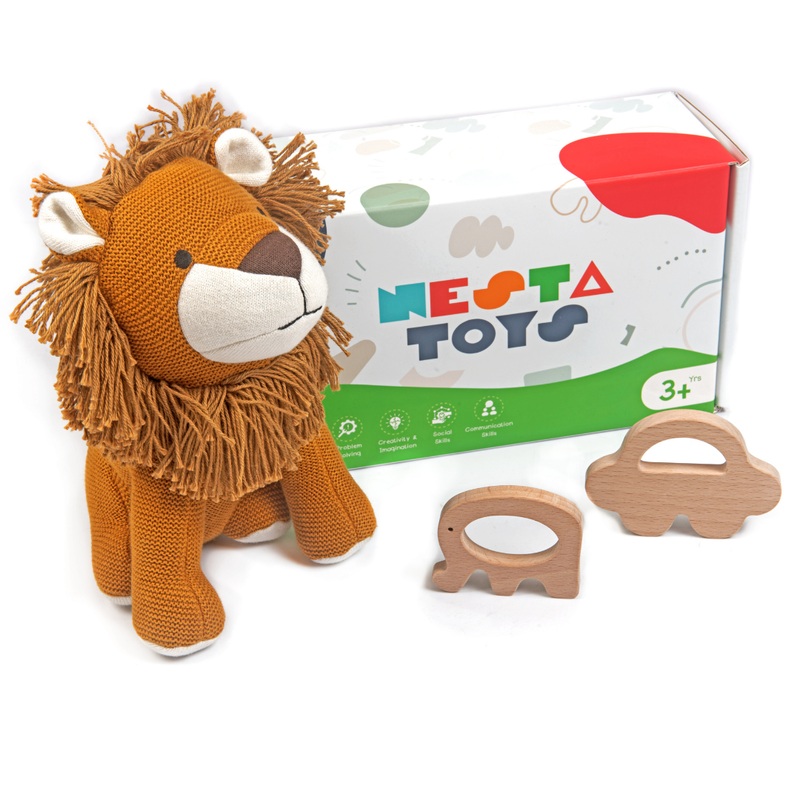 Nesta Toys -Newborn Gift Set – Lion Plush Toy, Wooden Elephant & Car Teether