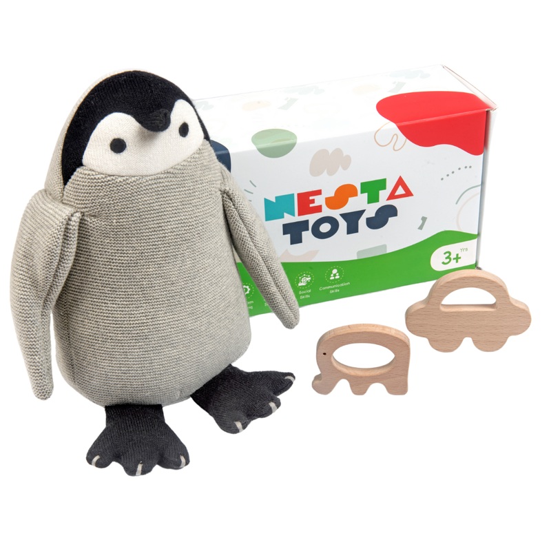Nesta Toys -Newborn Gift Set – Penguin Plush Toy, Wooden Elephant & Car Teether