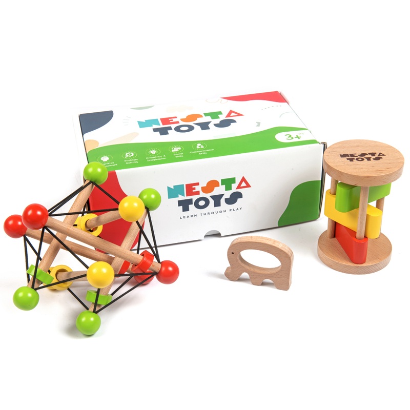Nesta Toys -Newborn Gift Set – Wooden Skwish Rattle, Clacker Rattle And Elephant Teether