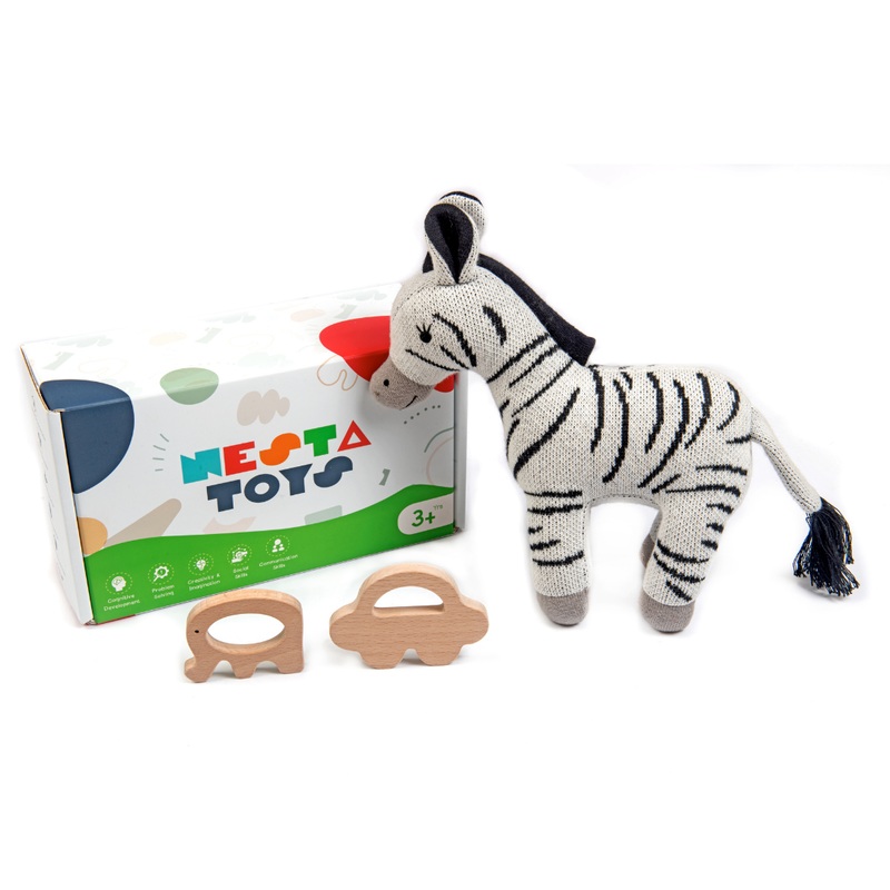 Nesta Toys -Newborn Gift Set – Zebra Plush Toy, Wooden Elephant & Car Teether