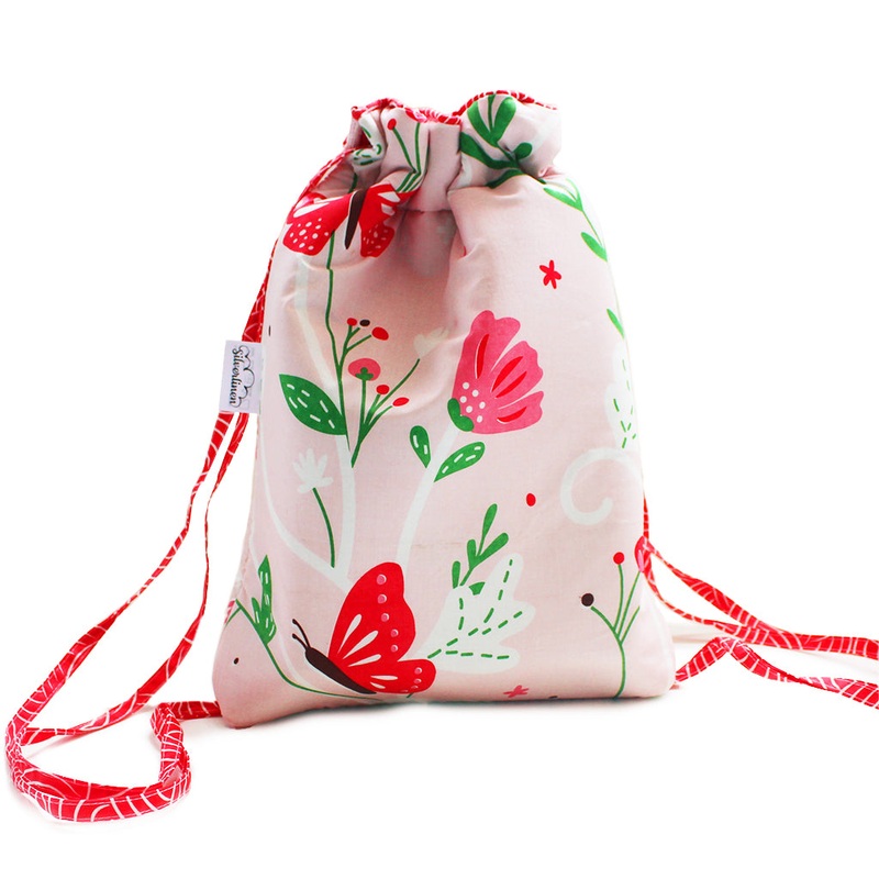 Cotton Drawstring Bag With Waterproof Lining – Flowers & Butterflies