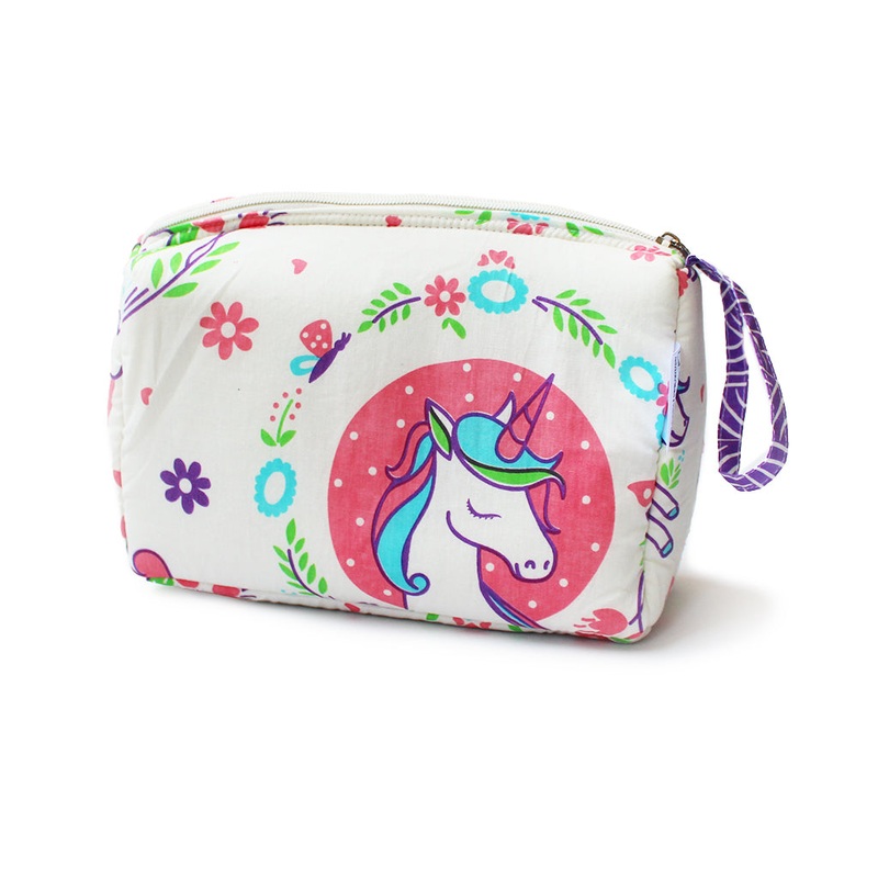 Cotton Zippered Multipurpose Pouch With Waterproof Lining – Unicorn & Rainbows