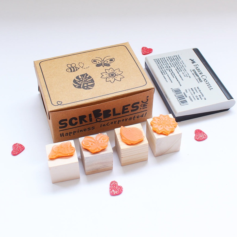 Mini Rubber stamps on a Wooden Mount – Bee Butterfly Flower Leaf – Set of 4