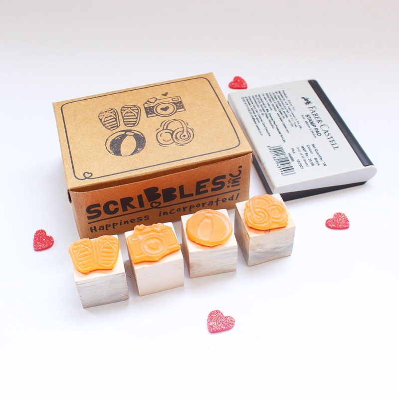 Mini Rubber stamps on a Wooden Mount – Camera Headphones Slippers Ball – Set of 4