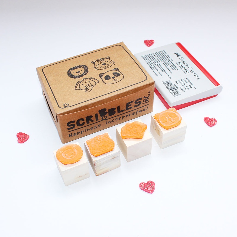 Mini Rubber stamps on a Wooden Mount – Lion Tiger Panda Elephant – Set of 4