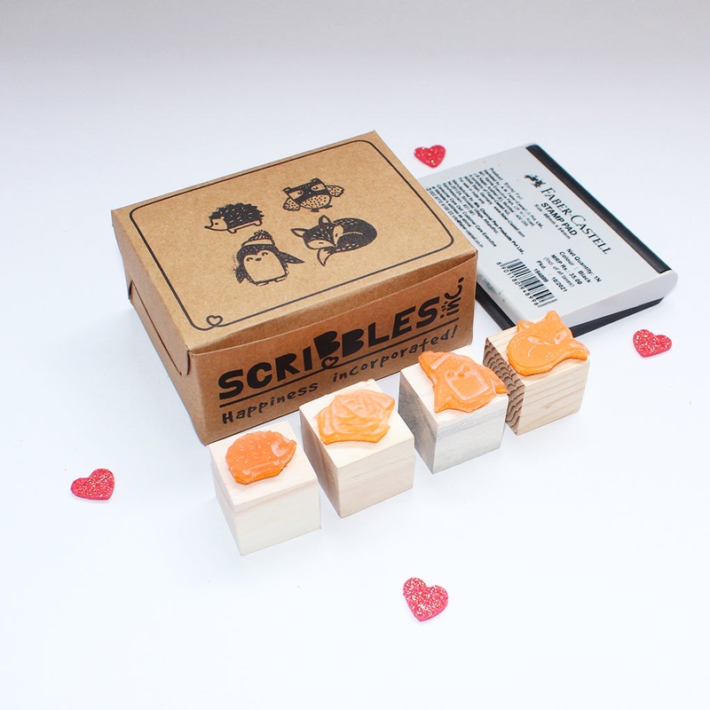 Mini Rubber stamps on a Wooden Mount – Penguin Fox Owl Hedgehog – Set of 4
