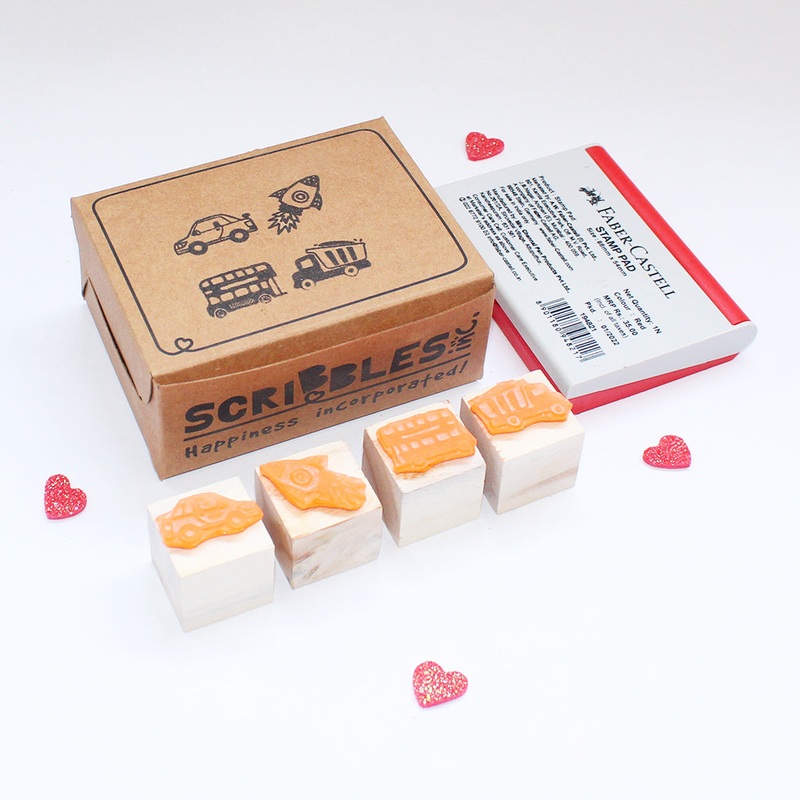 Mini Rubber stamps on a Wooden Mount – Rocket Car Bus Dump Truck – Set of 4