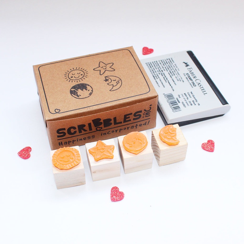 Mini Rubber stamps on a Wooden Mount – Sun, Moon, Star Earth – Set of 4