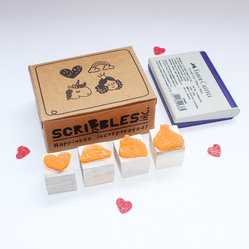 Mini Rubber stamps on a Wooden Mount – Unicorn Rainbow Princess Heart – Set of 4
