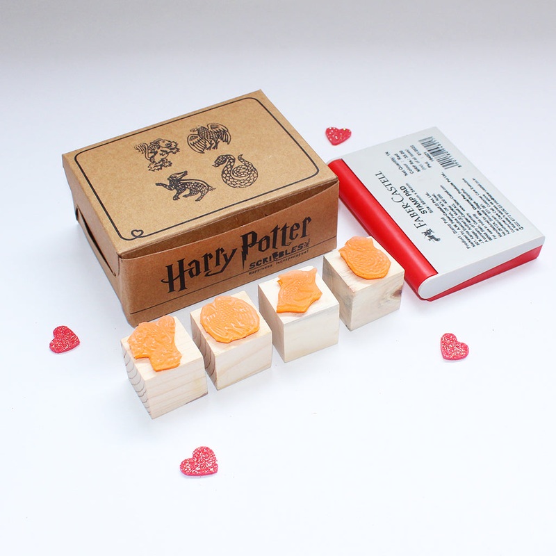 Official Harry Potter Mini Rubber stamps on a Wooden Mount – 4 Houses – Set of 4