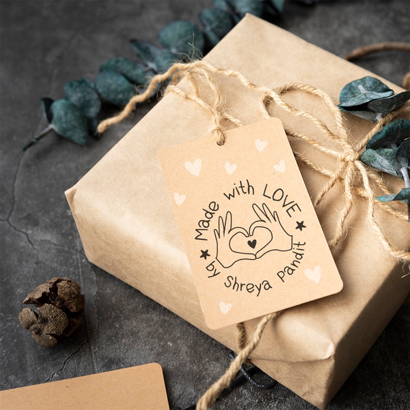 Personalised Wooden Text Stamp With Stamp Pad – Made With Love Hand Heart