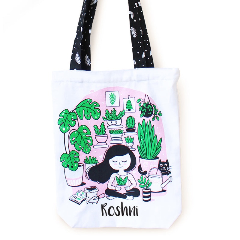 Reusable Eco Friendly Canvas Tote Bag with Zippered Closure Front Back Illustrations – Crazy Plant Lady