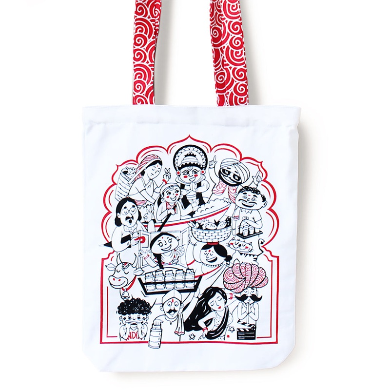 Reusable Eco Friendly Canvas Tote Bag with Zippered Closure Front Back Illustrations – Made in Bharat